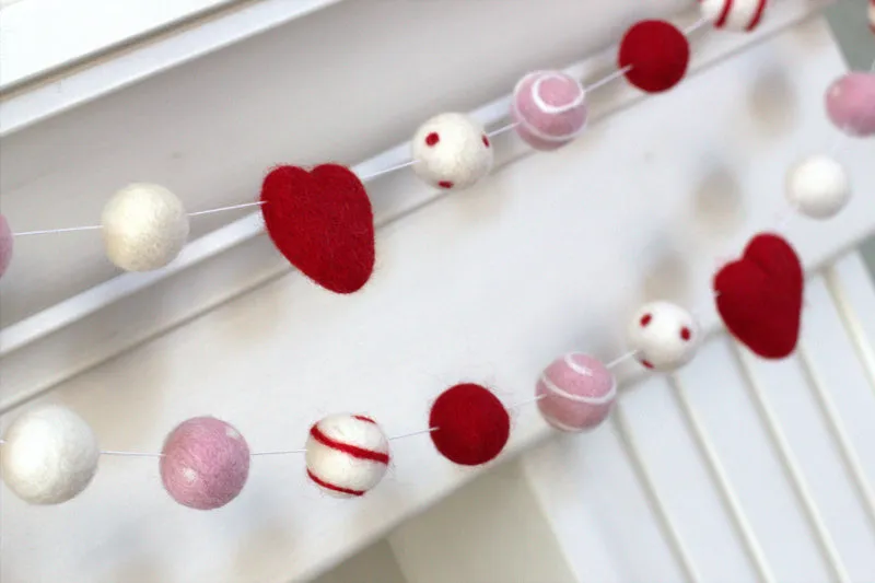 Valentine's Day Felt Ball & Heart Garland- Red, Pink- Swirls & Dots