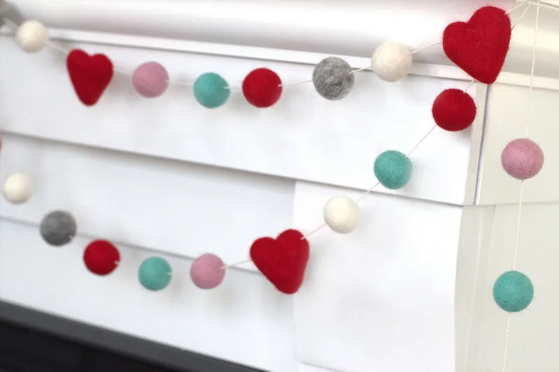 Valentine's Day Felt Ball & Heart Garland- Red, Turquoise, Gray, Baby Pink