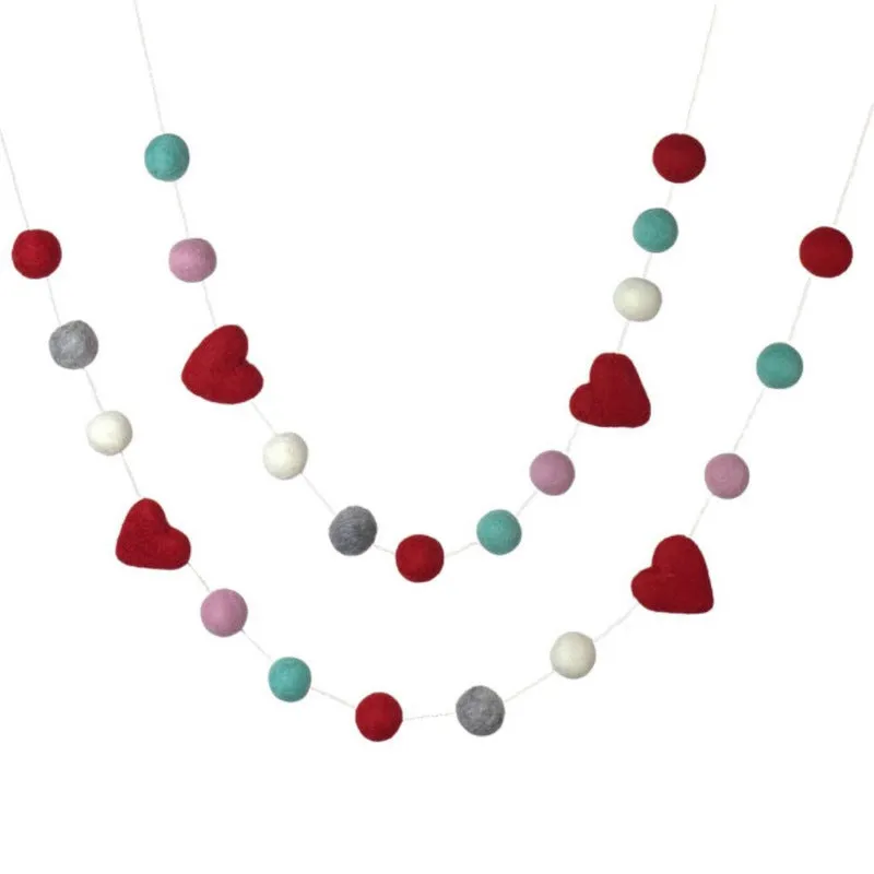 Valentine's Day Felt Ball & Heart Garland- Red, Turquoise, Gray, Baby Pink