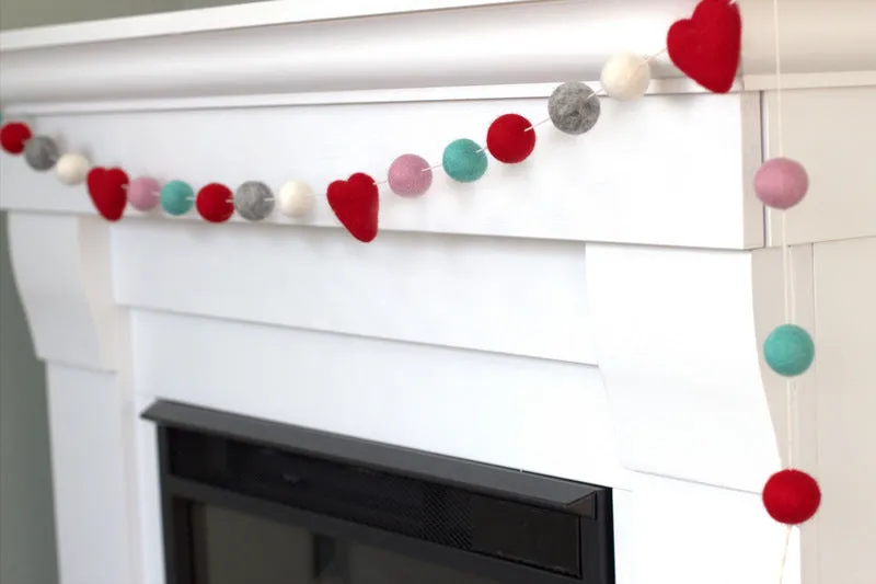 Valentine's Day Felt Ball & Heart Garland- Red, Turquoise, Gray, Baby Pink