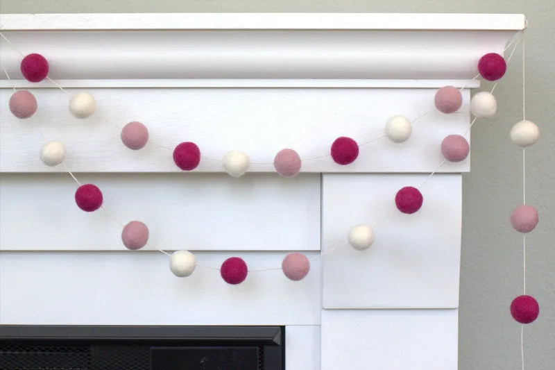 Valentine's Day Felt Ball Garland- Berry, Pink, White