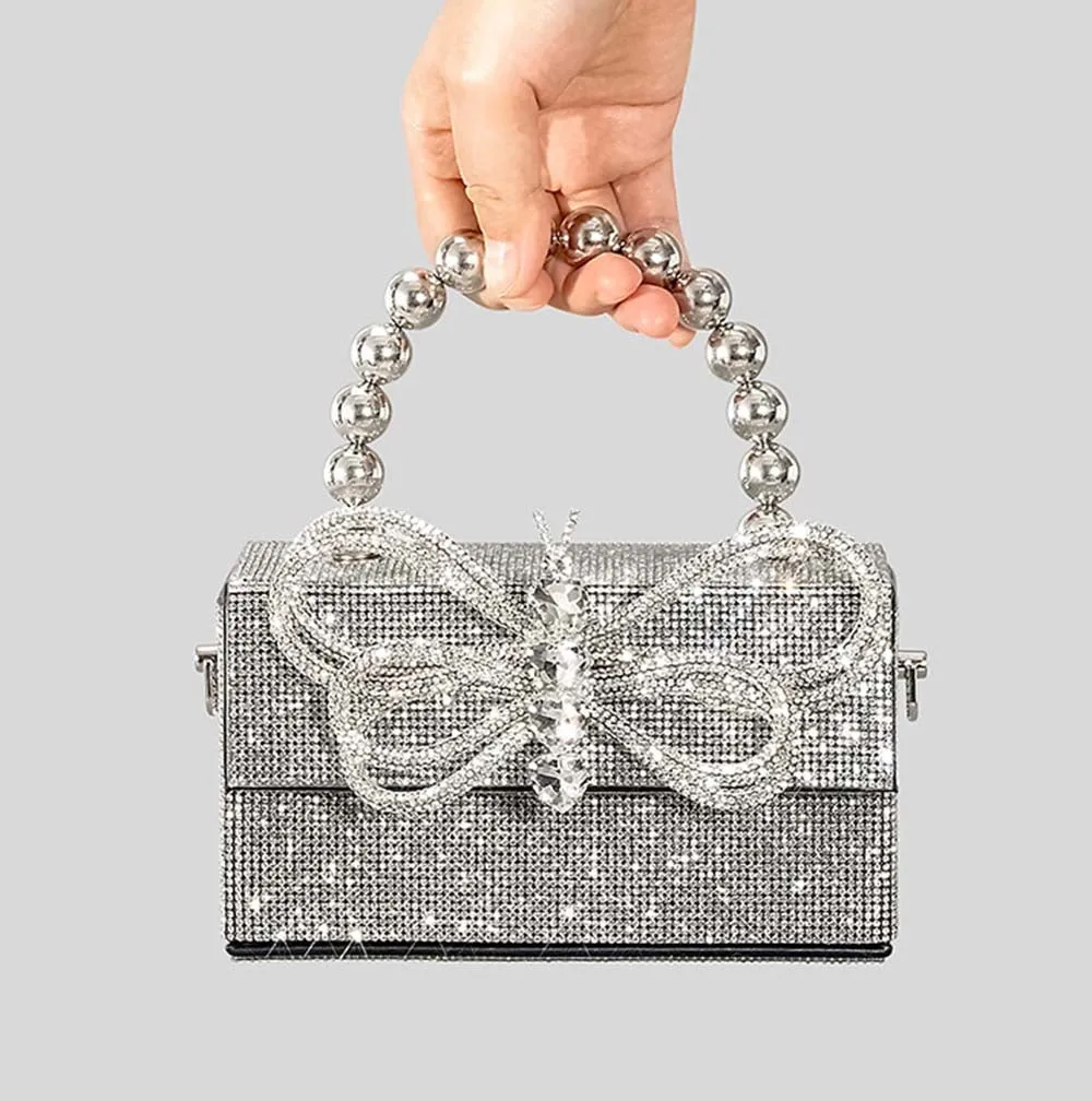 Winnal Crystal Bow Top Handle Bag Silver