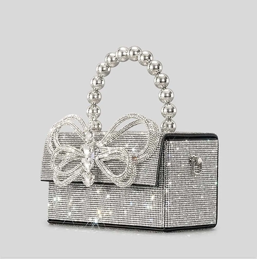 Winnal Crystal Bow Top Handle Bag Silver