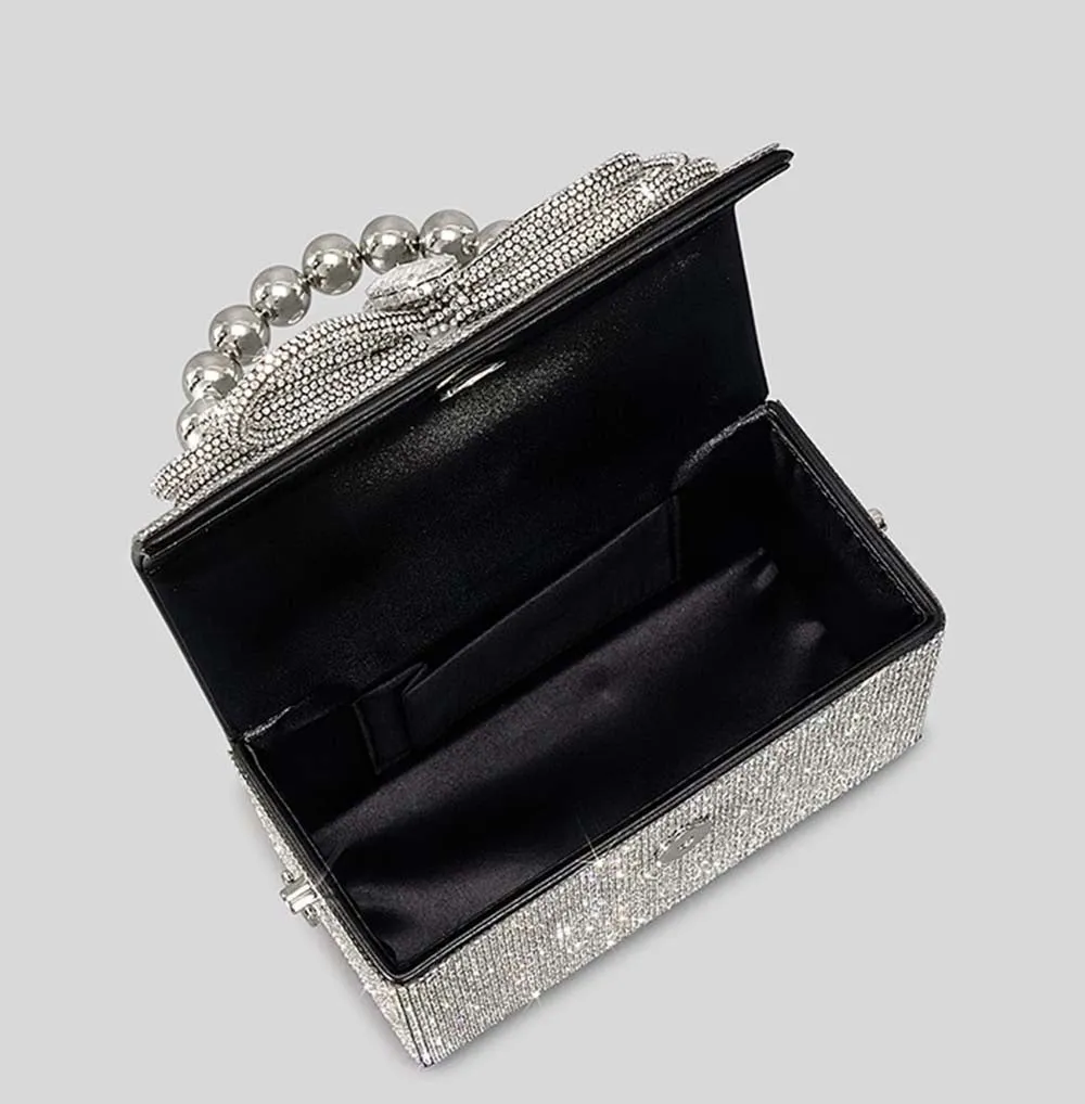 Winnal Crystal Bow Top Handle Bag Silver