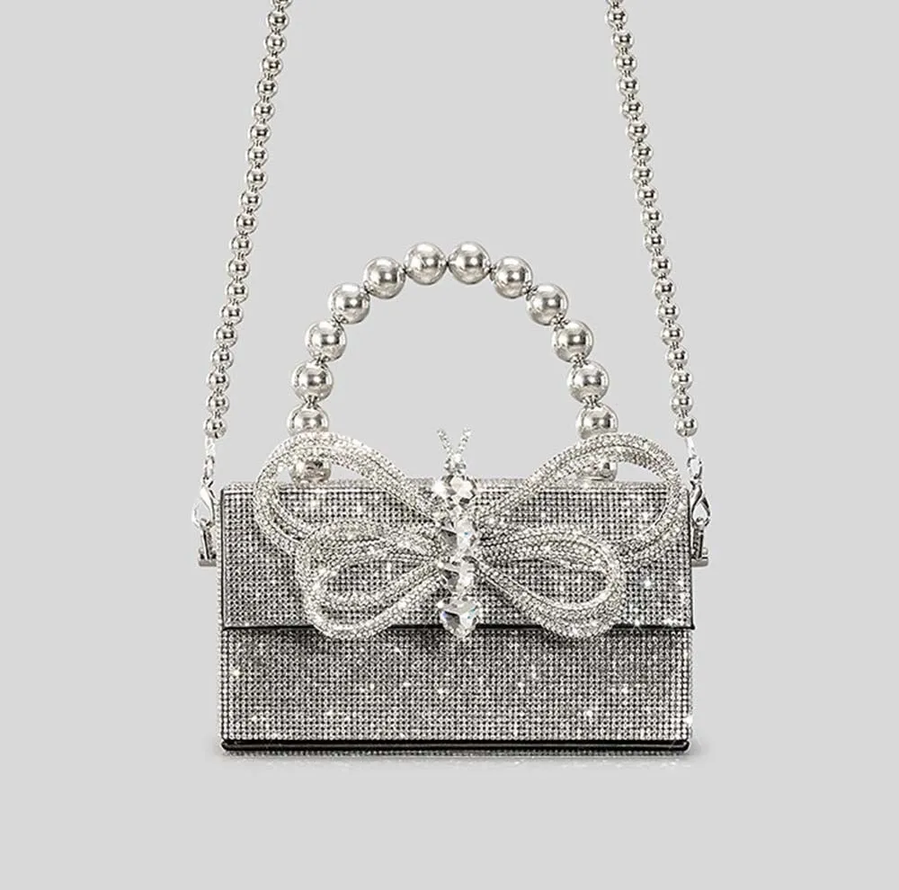 Winnal Crystal Bow Top Handle Bag Silver