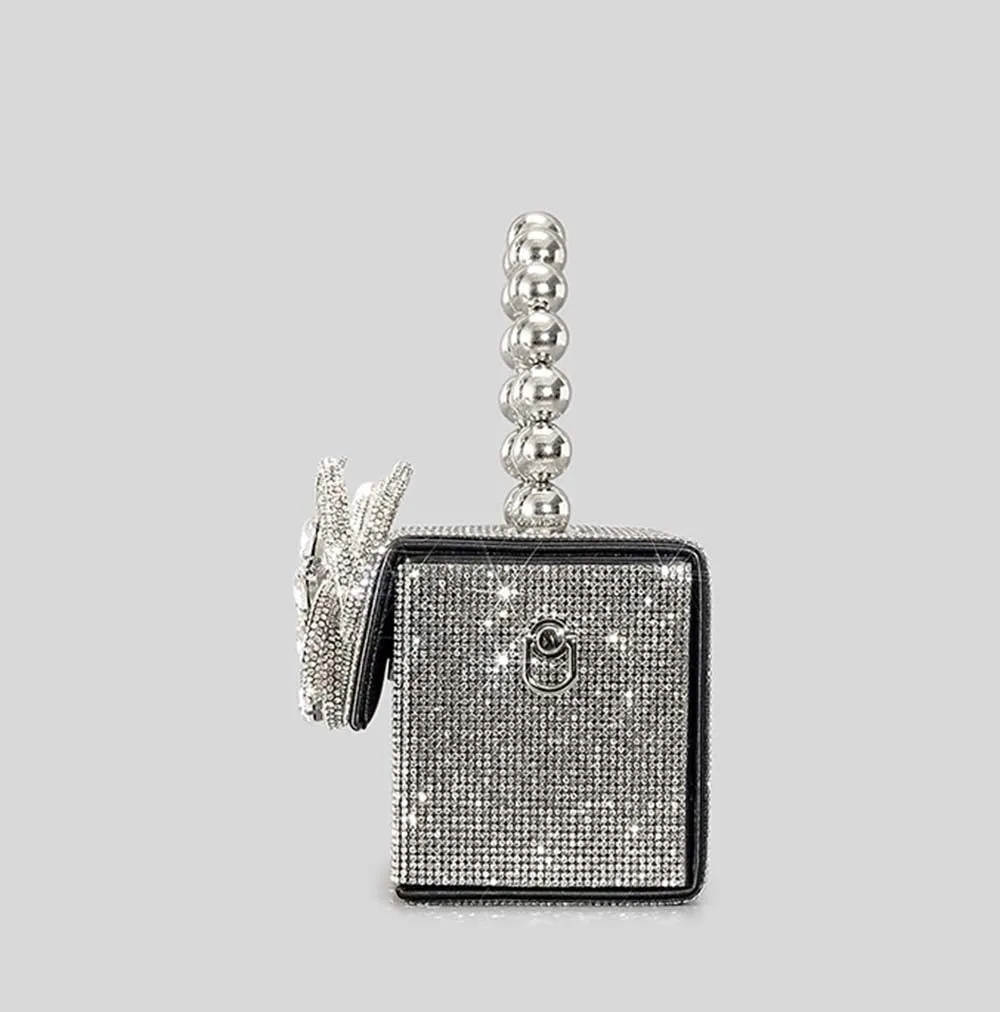 Winnal Crystal Bow Top Handle Bag Silver