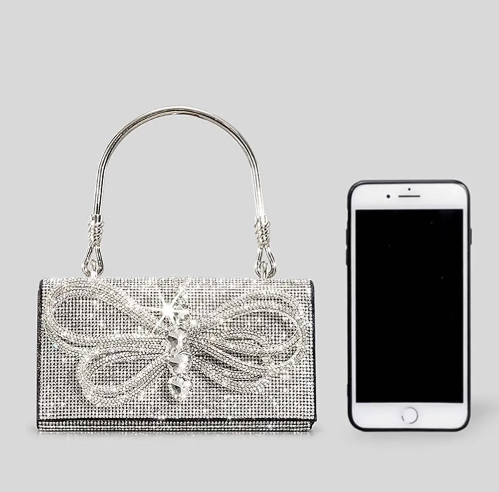 Winnal Crystal Bow Top Handle Bag Silver