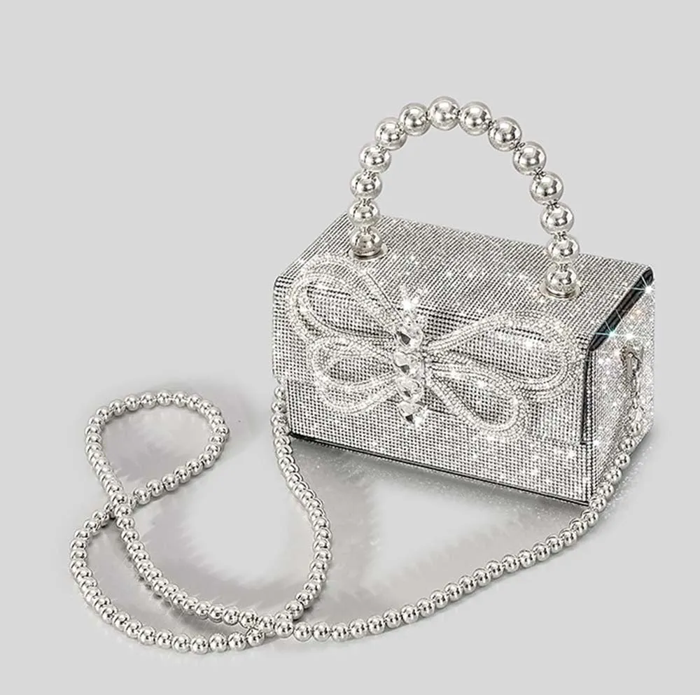 Winnal Crystal Bow Top Handle Bag Silver