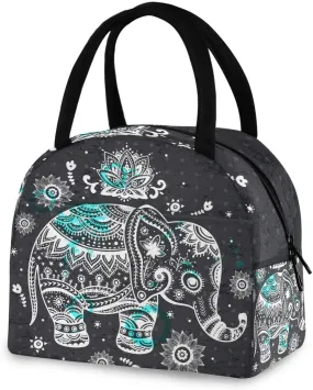 ZZKKO Indian Lotus Ethnic Elephant Lunch Bag Box Tote Organizer Lunch Container Insulated Zipper Meal Prep Cooler Handbag For Women Men Home School Office Outdoor Use